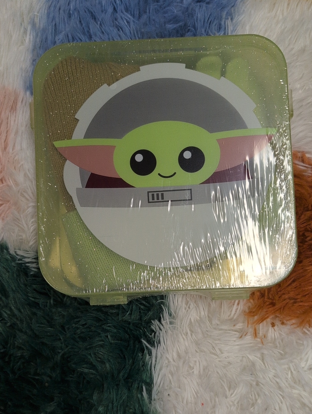 Cute Grogu Themed Green Storage Box With Various Items